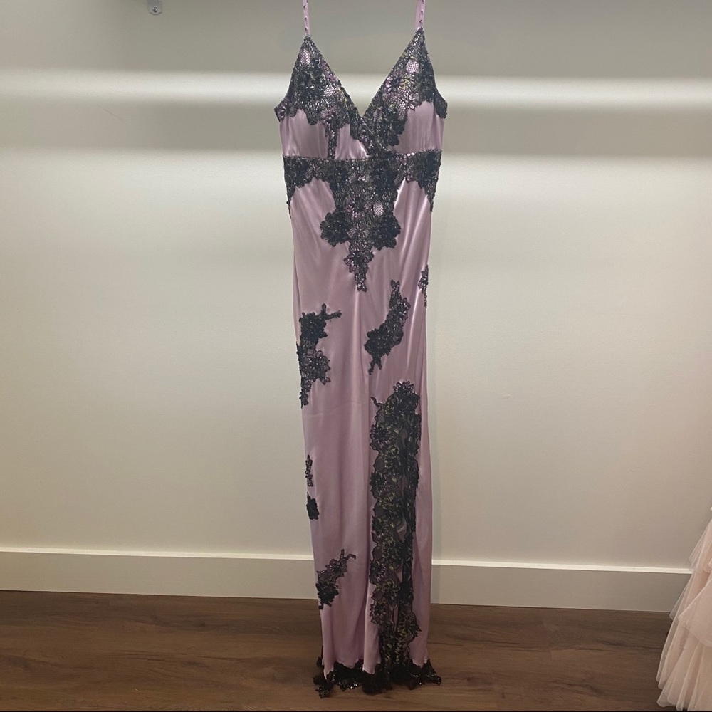 Lavender Evening Dress with Black Lace Detail